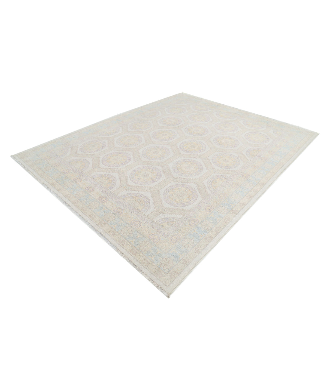 Hand Knotted Khotan Wool Rug - 8'0'' x 9'10'' 8'0'' x 9'10'' (240 X 295) / Ivory / Blue