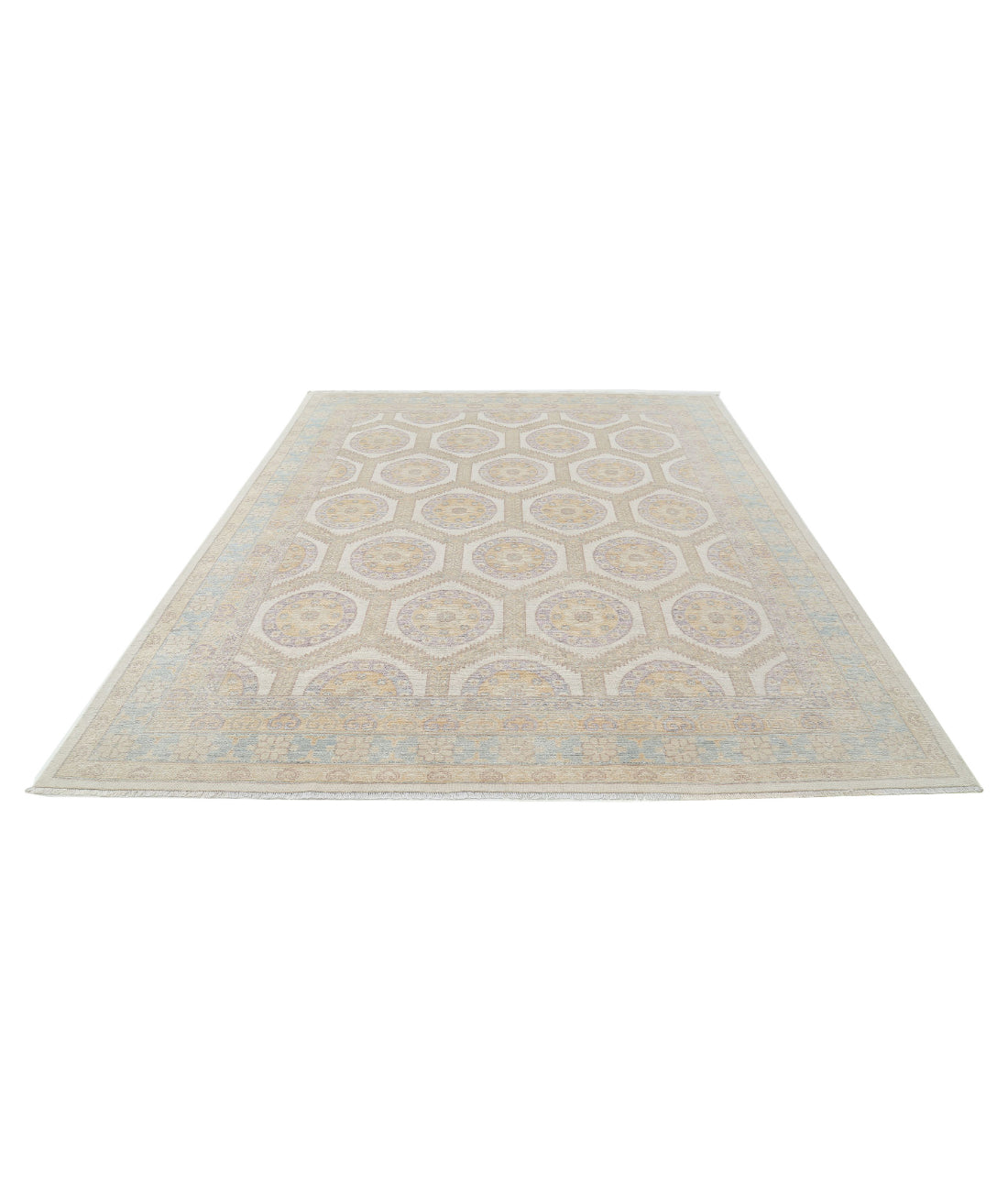 Hand Knotted Khotan Wool Rug - 8'0'' x 9'10'' 8'0'' x 9'10'' (240 X 295) / Ivory / Blue