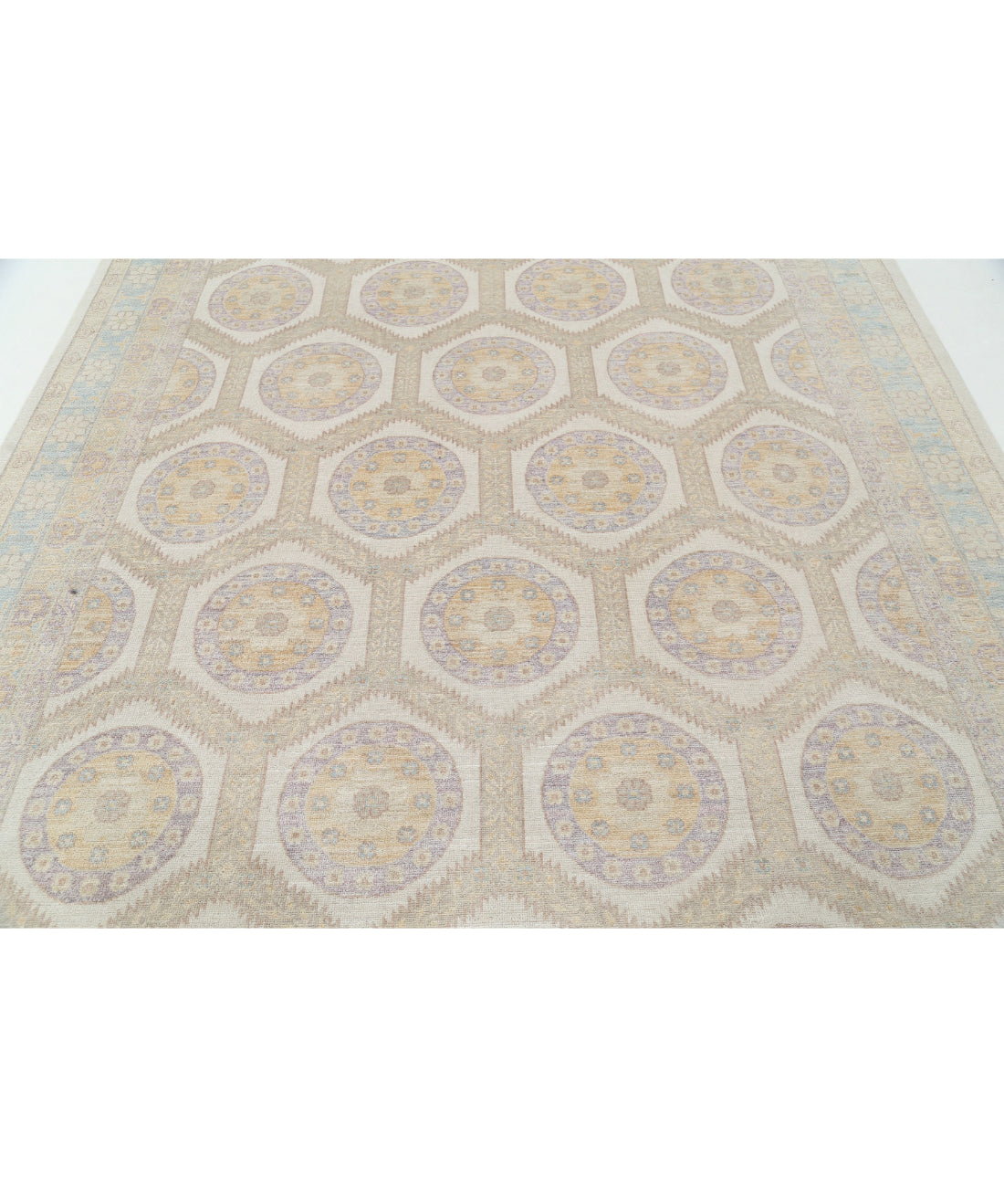 Hand Knotted Khotan Wool Rug - 8'0'' x 9'10'' 8'0'' x 9'10'' (240 X 295) / Ivory / Blue