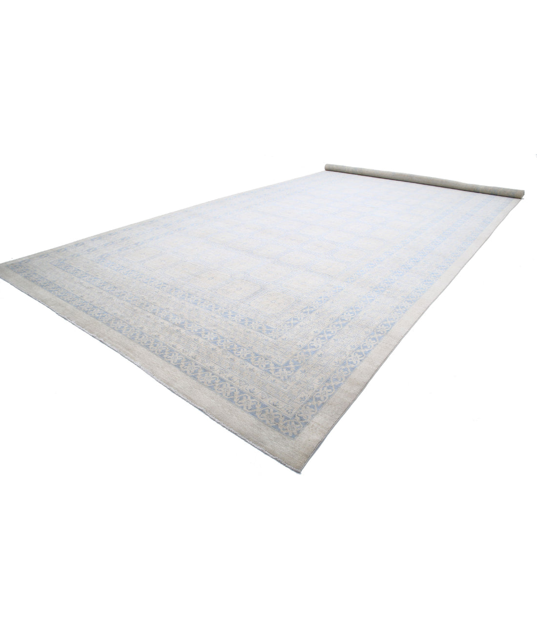 Hand Knotted Khotan Wool Rug - 12'5'' x 31'3'' 12'5'' x 31'3'' (373 X 938) / Ivory / Blue