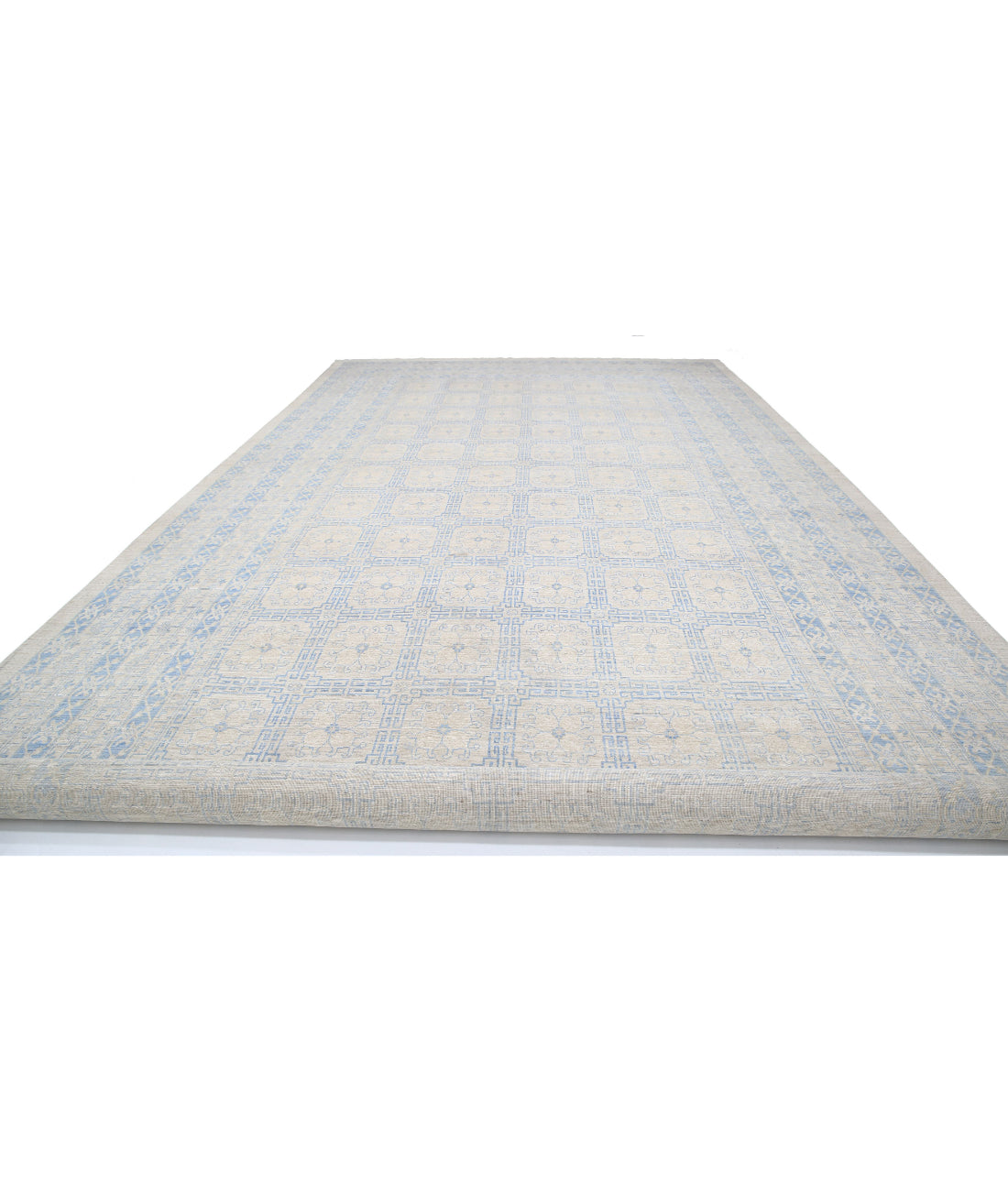 Hand Knotted Khotan Wool Rug - 12'5'' x 31'3'' 12'5'' x 31'3'' (373 X 938) / Ivory / Blue