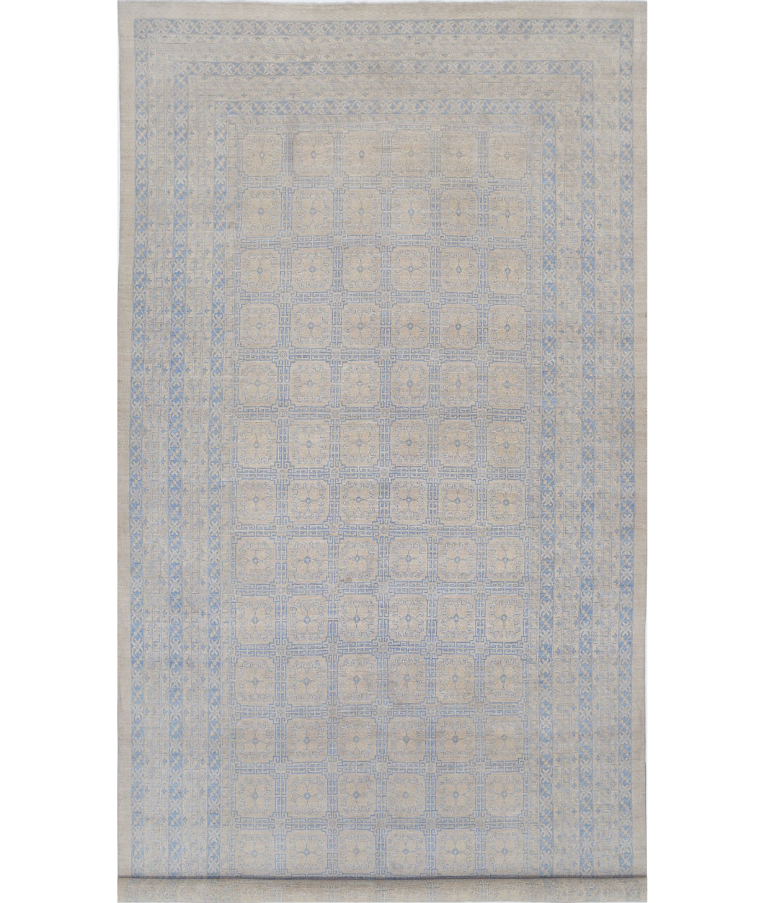Hand Knotted Khotan Wool Rug - 12'5'' x 31'3'' 12'5'' x 31'3'' (373 X 938) / Ivory / Blue