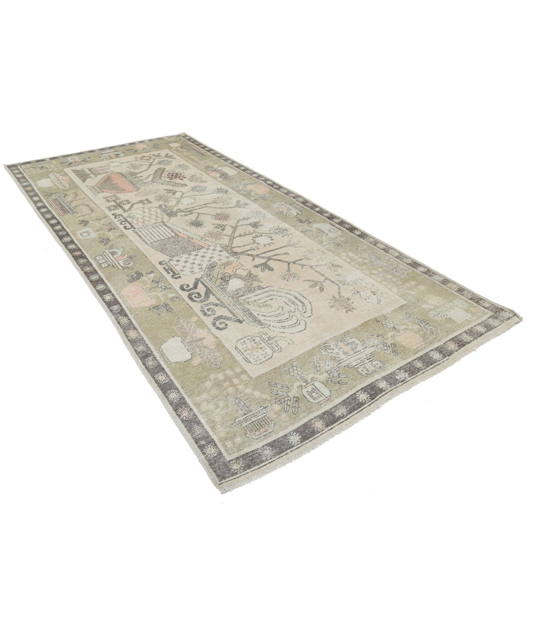 Hand Knotted Khotan Wool Rug - 5'5'' x 11'2'' 5'5'' x 11'2'' (163 X 335) / Ivory / Green