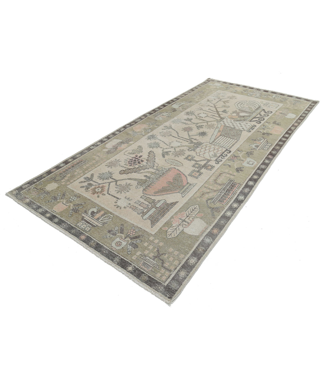 Hand Knotted Khotan Wool Rug - 5'5'' x 11'2'' 5'5'' x 11'2'' (163 X 335) / Ivory / Green