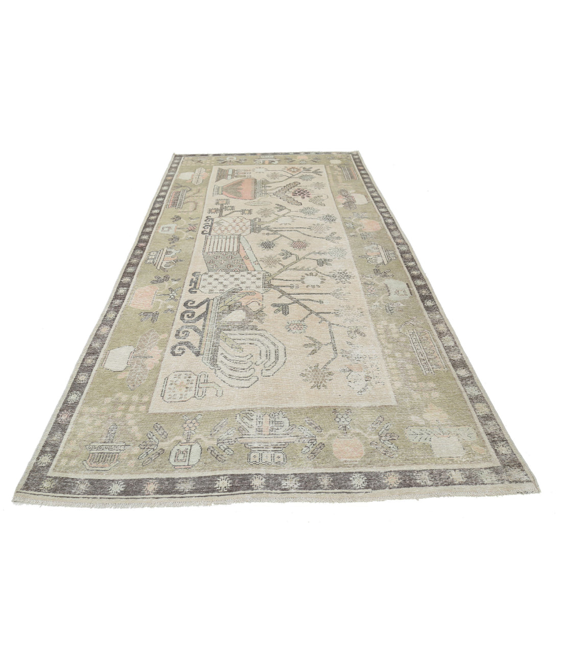 Hand Knotted Khotan Wool Rug - 5'5'' x 11'2'' 5'5'' x 11'2'' (163 X 335) / Ivory / Green