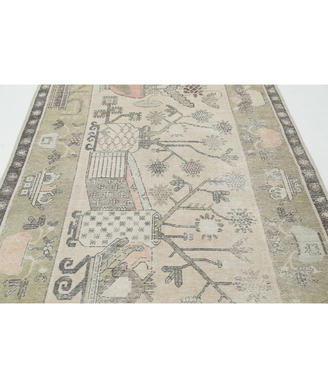 Hand Knotted Khotan Wool Rug - 5'5'' x 11'2'' 5'5'' x 11'2'' (163 X 335) / Ivory / Green