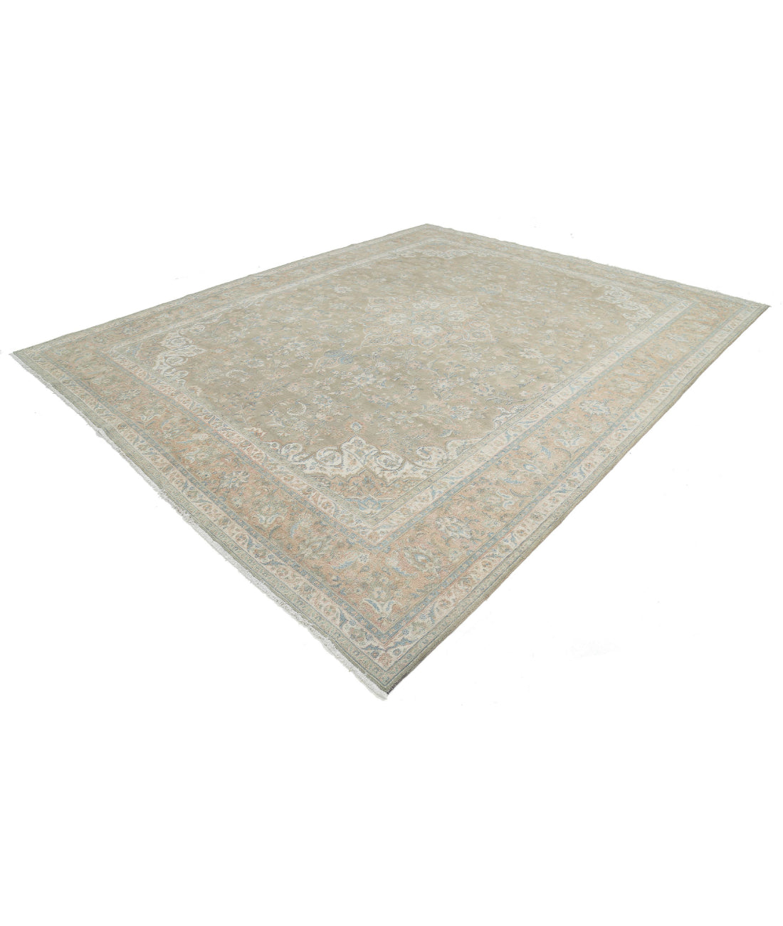 Hand Knotted Vintage Persian Sarouk Wool Rug - 10'6'' x 12'10'' 10'6'' x 12'10'' (315 X 385) / Green / Peach