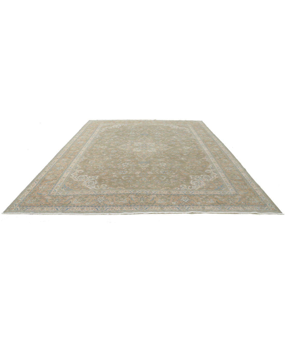 Hand Knotted Vintage Persian Sarouk Wool Rug - 10'6'' x 12'10'' 10'6'' x 12'10'' (315 X 385) / Green / Peach