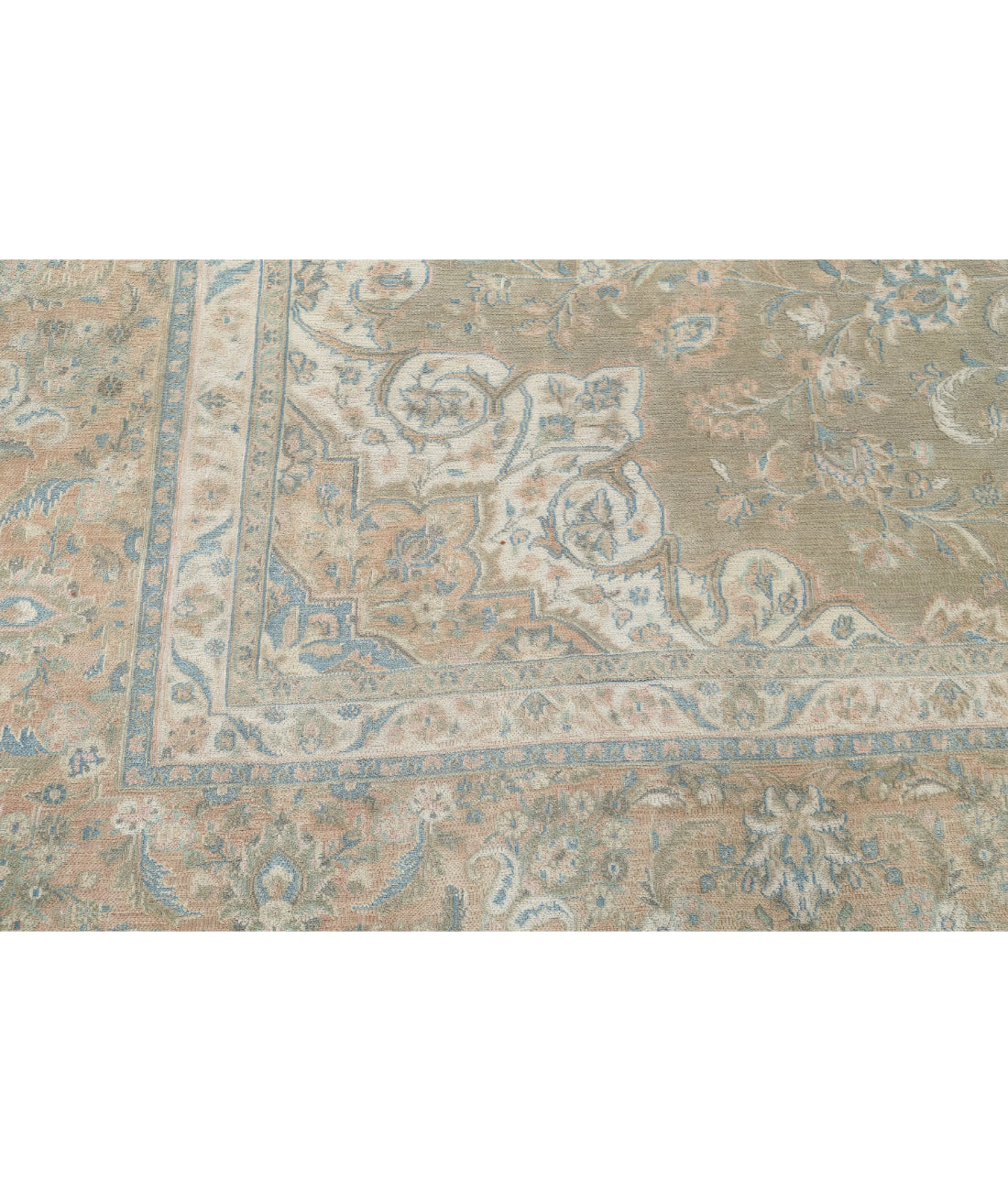 Hand Knotted Vintage Persian Sarouk Wool Rug - 10'6'' x 12'10'' 10'6'' x 12'10'' (315 X 385) / Green / Peach