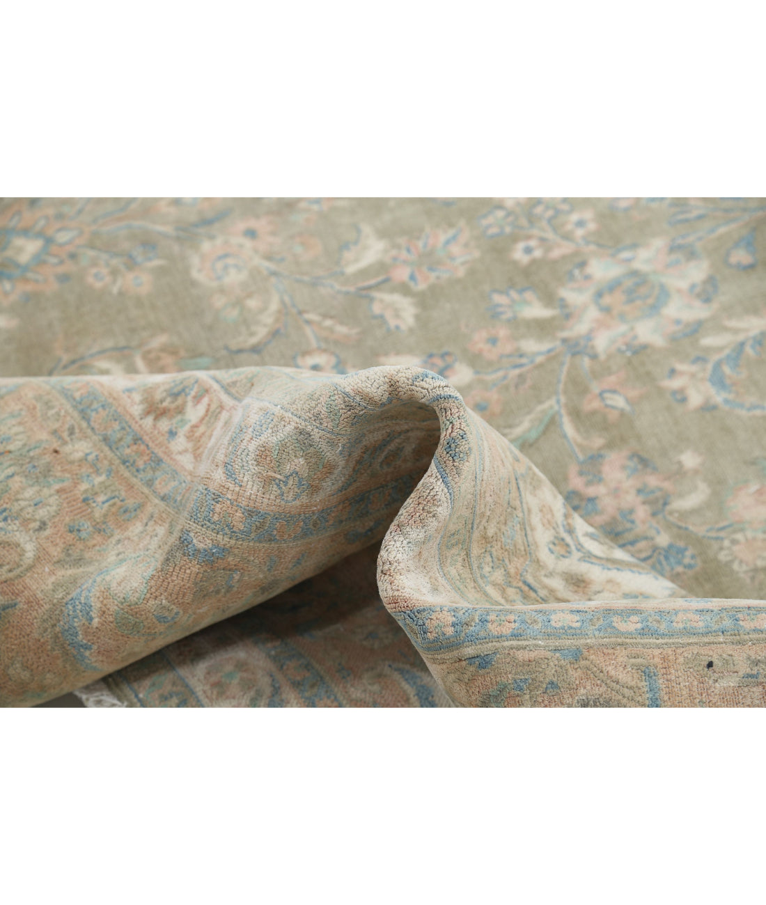 Hand Knotted Vintage Persian Sarouk Wool Rug - 10'6'' x 12'10'' 10'6'' x 12'10'' (315 X 385) / Green / Peach