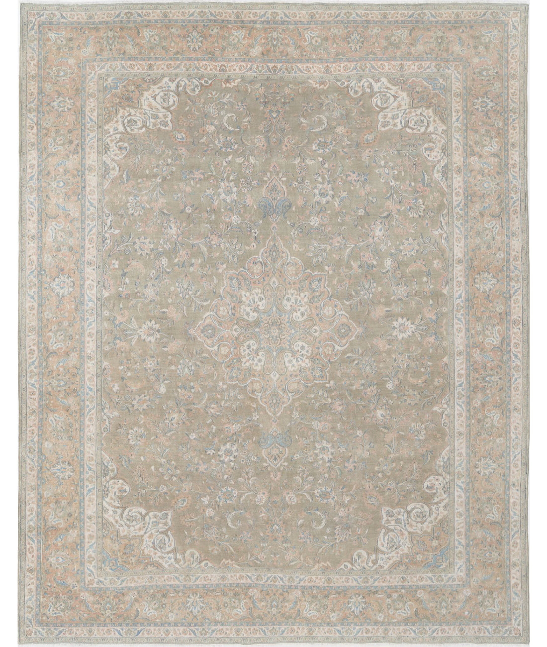 Hand Knotted Vintage Persian Sarouk Wool Rug - 10'6'' x 12'10'' 10'6'' x 12'10'' (315 X 385) / Green / Peach