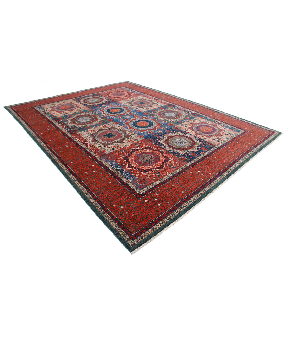 Hand Knotted Fine Mamluk Wool Rug - 10'2'' x 13'0'' 10'2'' x 13'0'' (305 X 390) / Green / Red
