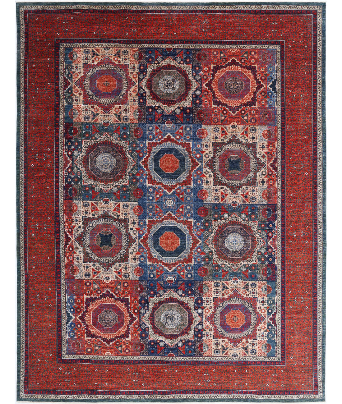 Hand Knotted Fine Mamluk Wool Rug - 10&#39;2&#39;&#39; x 13&#39;0&#39;&#39; 10&#39;2&#39;&#39; x 13&#39;0&#39;&#39; (305 X 390) / Green / Red