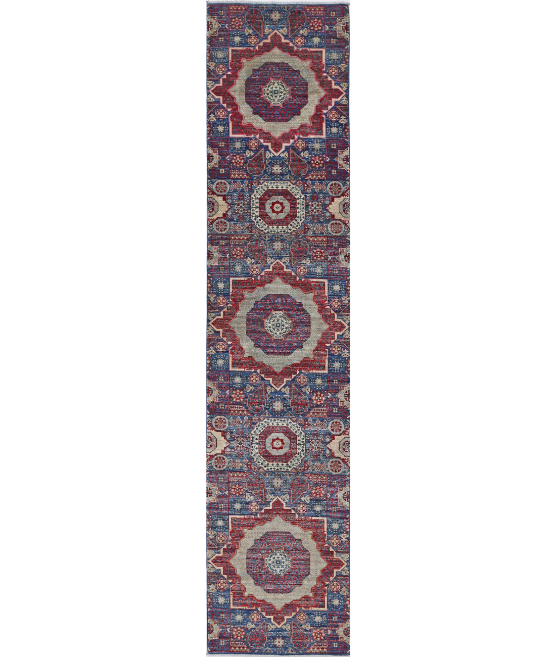 Hand Knotted Mamluk Wool Rug - 2&#39;5&#39;&#39; x 11&#39;7&#39;&#39; 2&#39;5&#39;&#39; x 11&#39;7&#39;&#39; (73 X 348) / Blue / Red