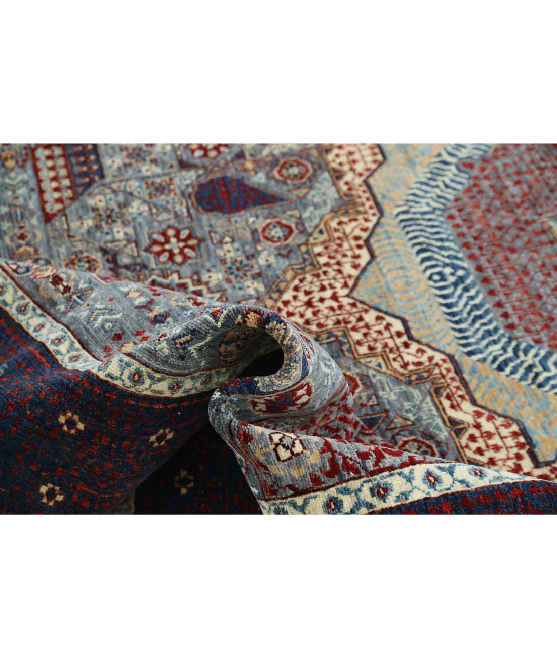 Hand Knotted Mamluk Wool Rug - 8'0'' x 9'11'' 8'0'' x 9'11'' (240 X 298) / Grey / Blue