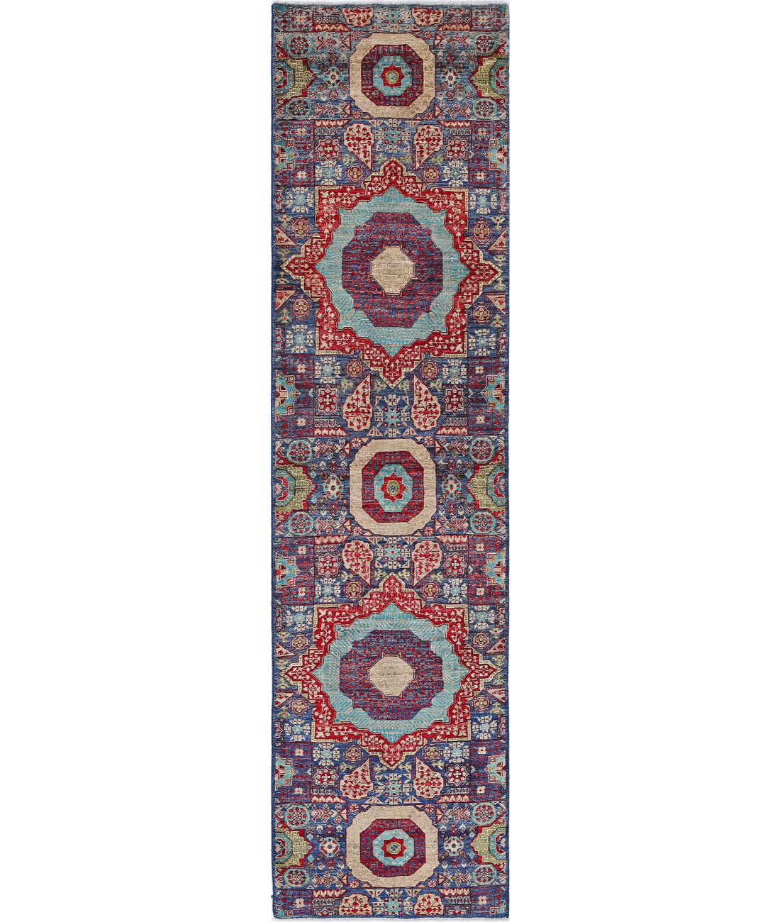 Hand Knotted Mamluk Wool Rug - 2&#39;6&#39;&#39; x 9&#39;10&#39;&#39; 2&#39;6&#39;&#39; x 9&#39;10&#39;&#39; (75 X 295) / Blue / Red