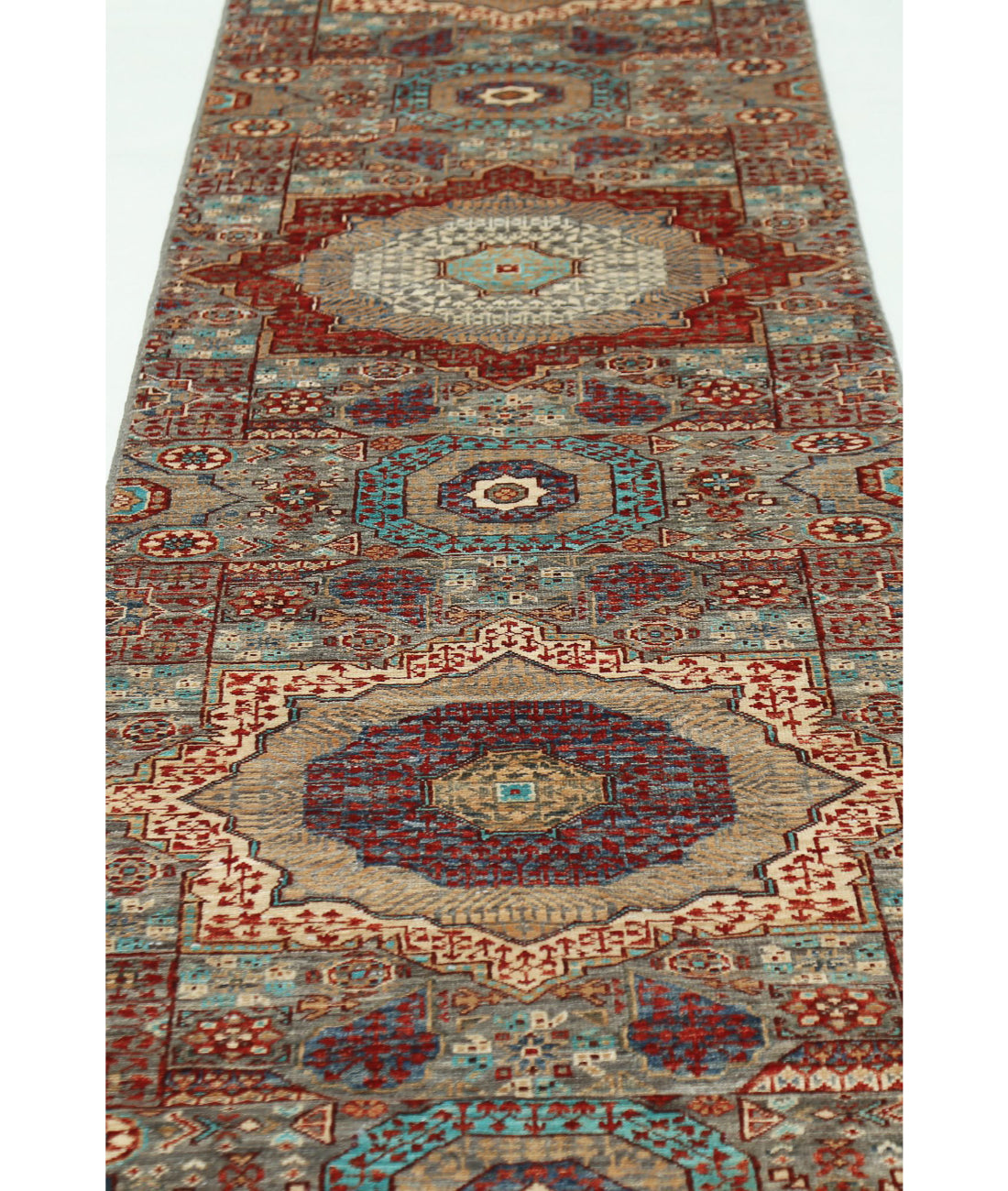 Hand Knotted Mamluk Wool Rug - 2'6'' x 19'6'' 2'6'' x 19'6'' (75 X 585) / Grey / Red