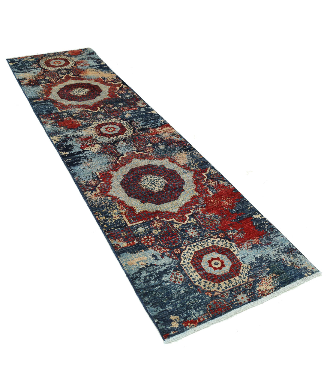 Hand Knotted Mamluk Wool Rug - 2'6'' x 9'7'' 2'6'' x 9'7'' (75 X 288) / Blue / Red