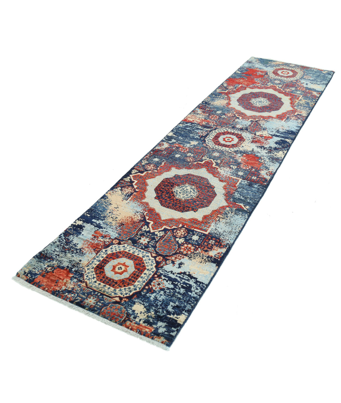 Hand Knotted Mamluk Wool Rug - 2'6'' x 9'7'' 2'6'' x 9'7'' (75 X 288) / Blue / Red