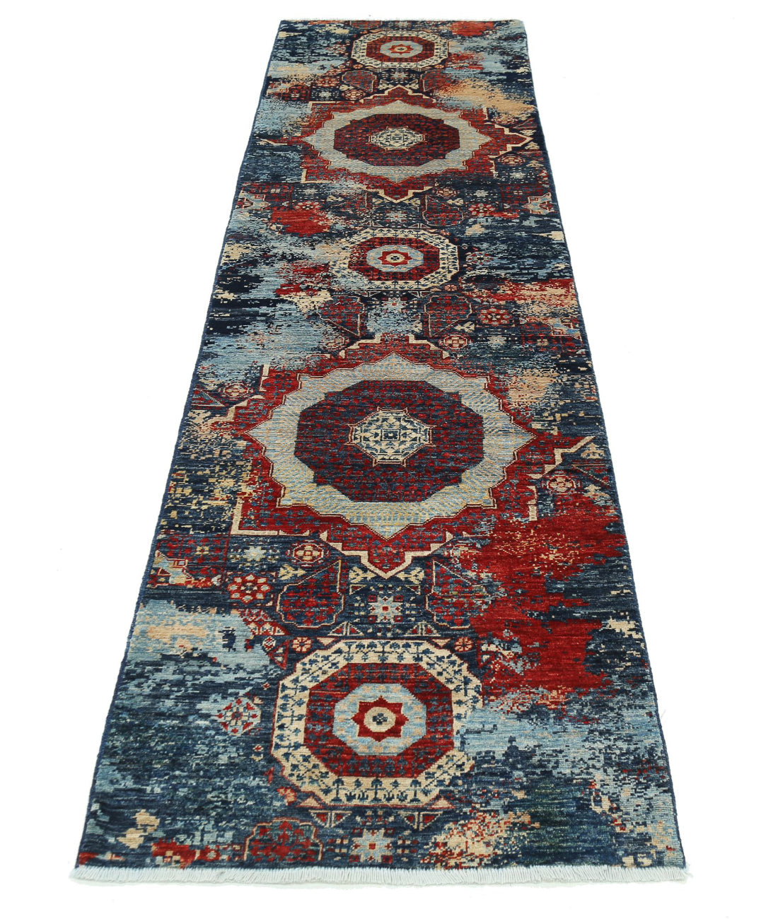 Hand Knotted Mamluk Wool Rug - 2'6'' x 9'7'' 2'6'' x 9'7'' (75 X 288) / Blue / Red