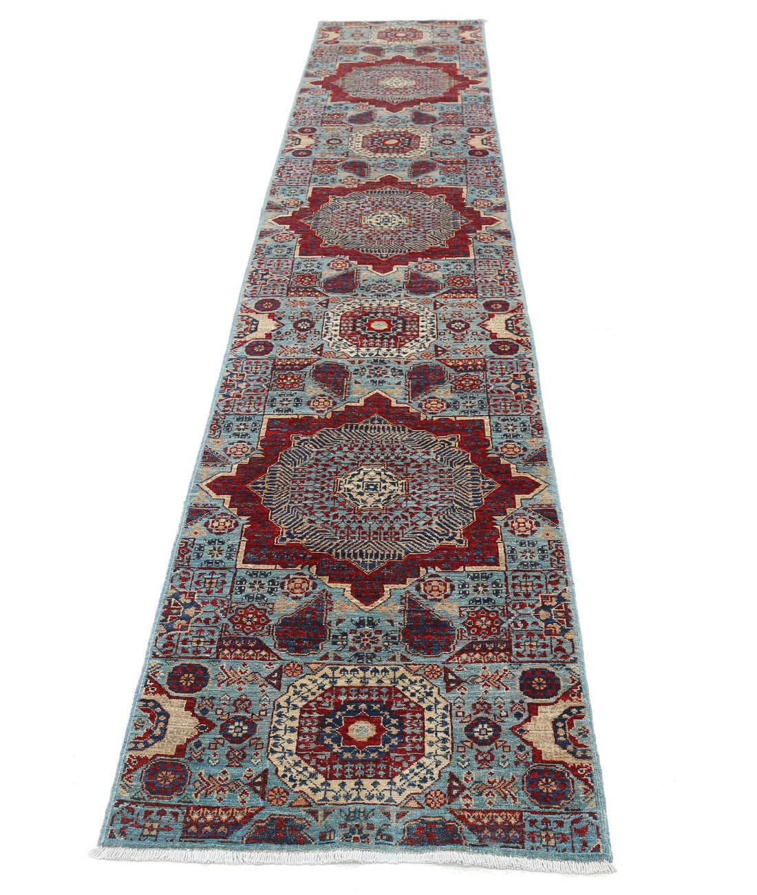 Hand Knotted Mamluk Wool Rug - 2'5'' x 13'6'' 2'5'' x 13'6'' (73 X 405) / Blue / Red