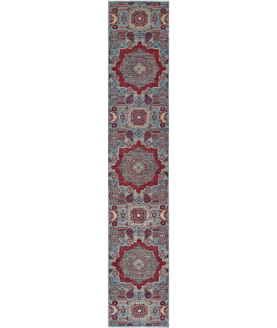 Hand Knotted Mamluk Wool Rug - 2&#39;5&#39;&#39; x 13&#39;6&#39;&#39; 2&#39;5&#39;&#39; x 13&#39;6&#39;&#39; (73 X 405) / Blue / Red