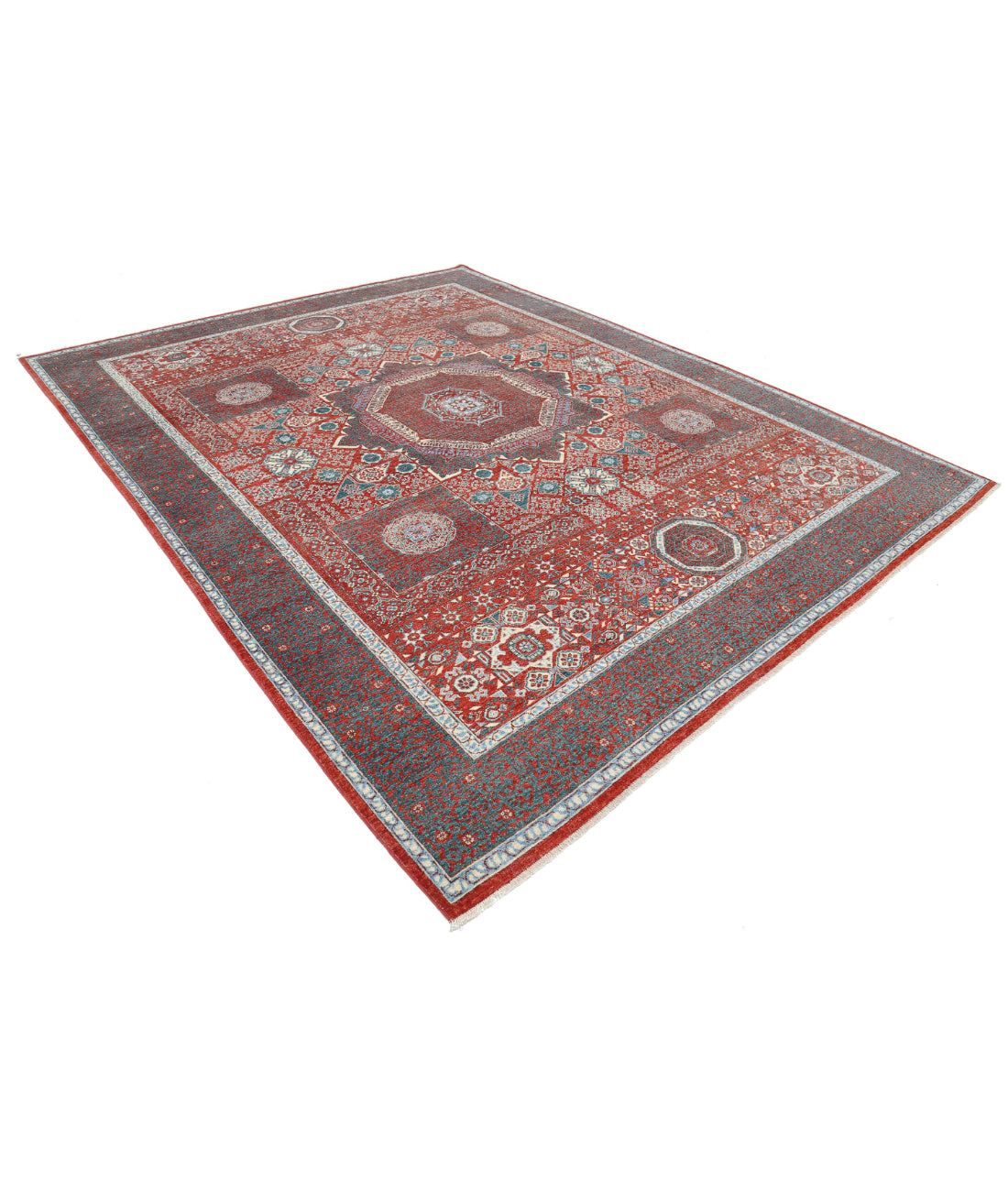 Hand Knotted Mamluk Wool Rug - 9'2'' x 11'8'' 9'2'' x 11'8'' (275 X 350) / Red / Grey