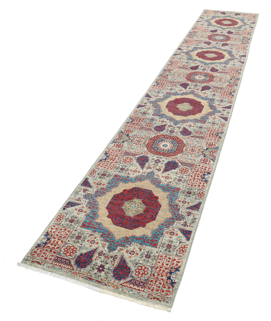 Hand Knotted Mamluk Wool Rug - 2'5'' x 14'6'' 2'5'' x 14'6'' (73 X 435) / Green / Red