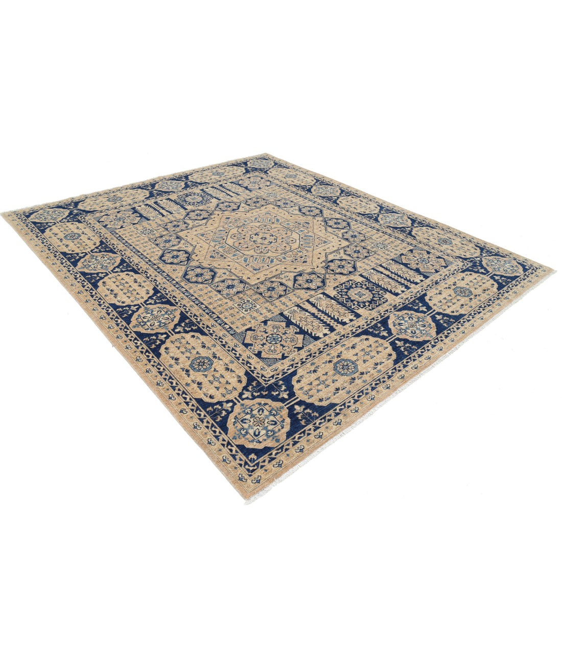 Hand Knotted Mamluk Wool Rug - 8'2'' x 9'7'' 8'2'' x 9'7'' (245 X 288) / Tan / Blue