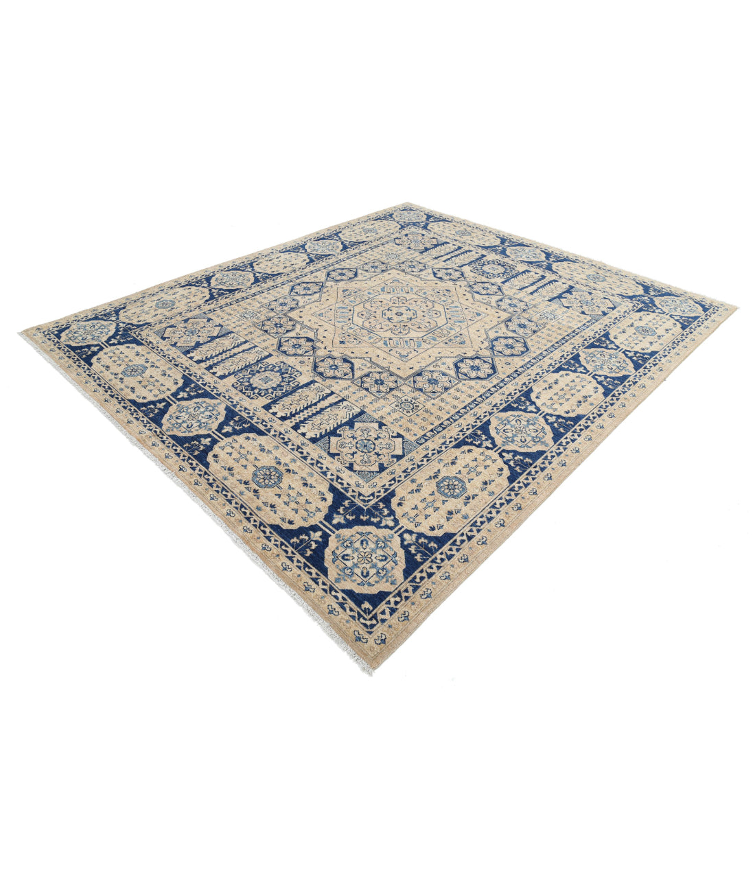 Hand Knotted Mamluk Wool Rug - 8'2'' x 9'7'' 8'2'' x 9'7'' (245 X 288) / Tan / Blue