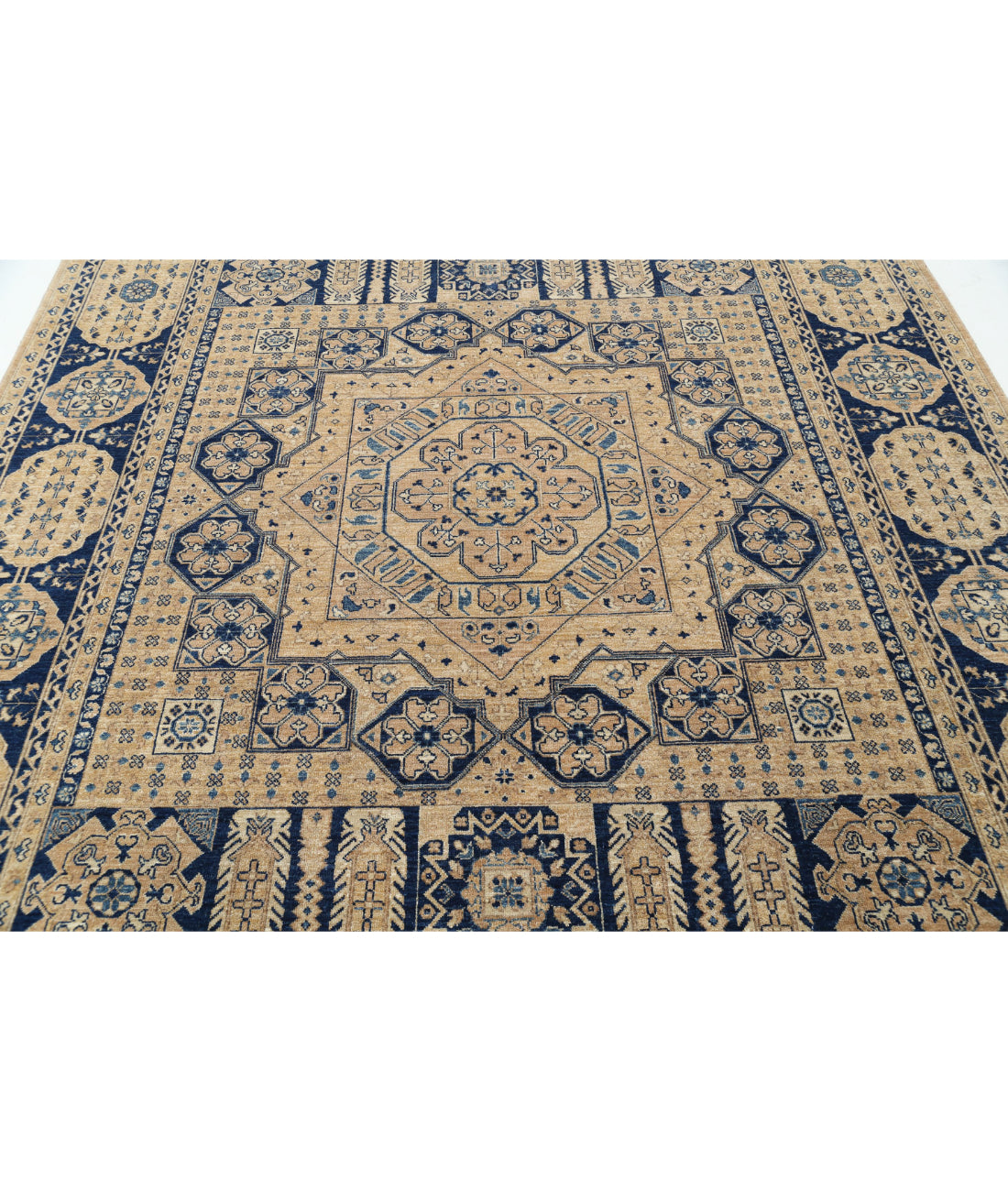 Hand Knotted Mamluk Wool Rug - 8'2'' x 9'7'' 8'2'' x 9'7'' (245 X 288) / Tan / Blue