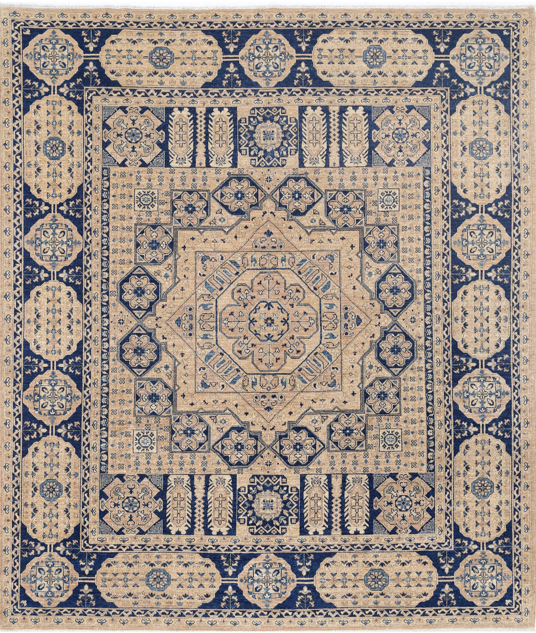 Hand Knotted Mamluk Wool Rug - 8'2'' x 9'7'' 8'2'' x 9'7'' (245 X 288) / Tan / Blue