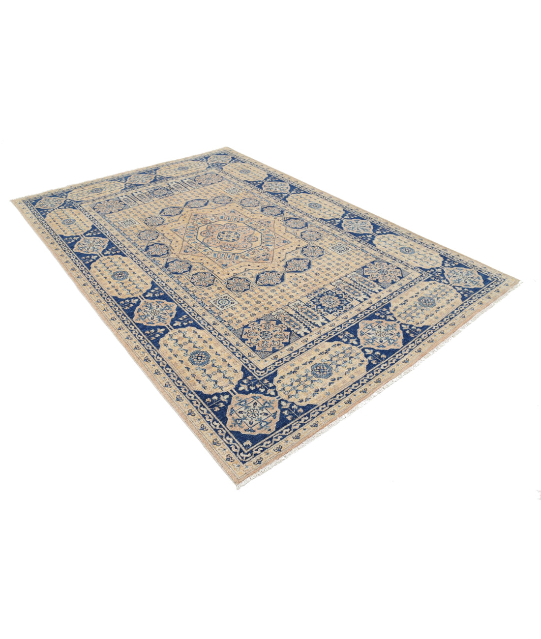Hand Knotted Mamluk Wool Rug - 6'5'' x 9'4'' 6'5'' x 9'4'' (193 X 280) / Tan / Blue