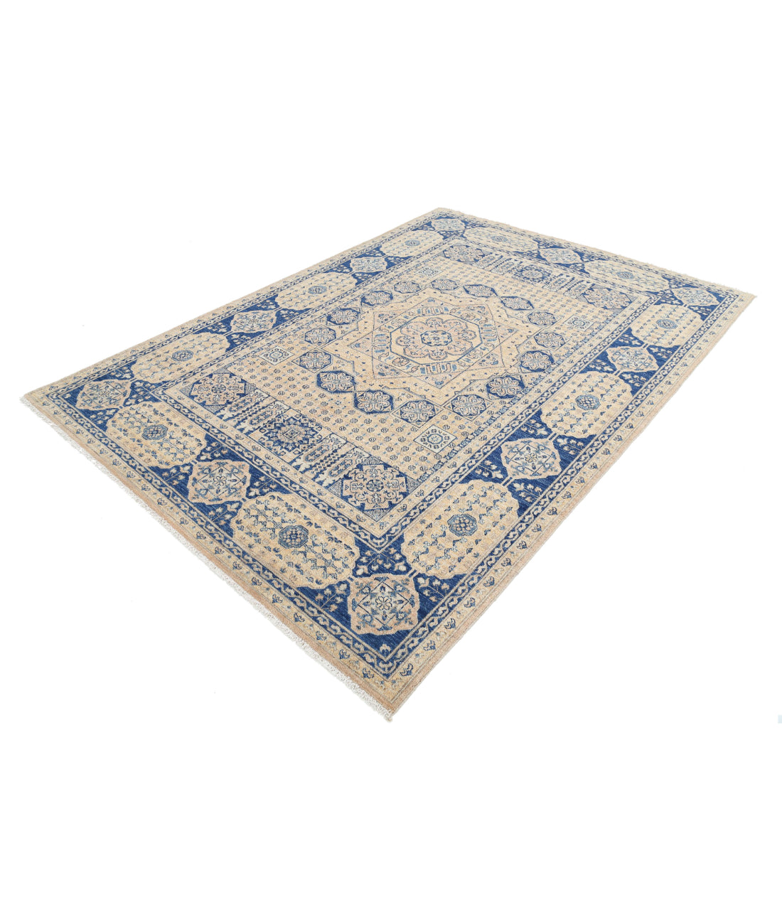 Hand Knotted Mamluk Wool Rug - 6'5'' x 9'4'' 6'5'' x 9'4'' (193 X 280) / Tan / Blue