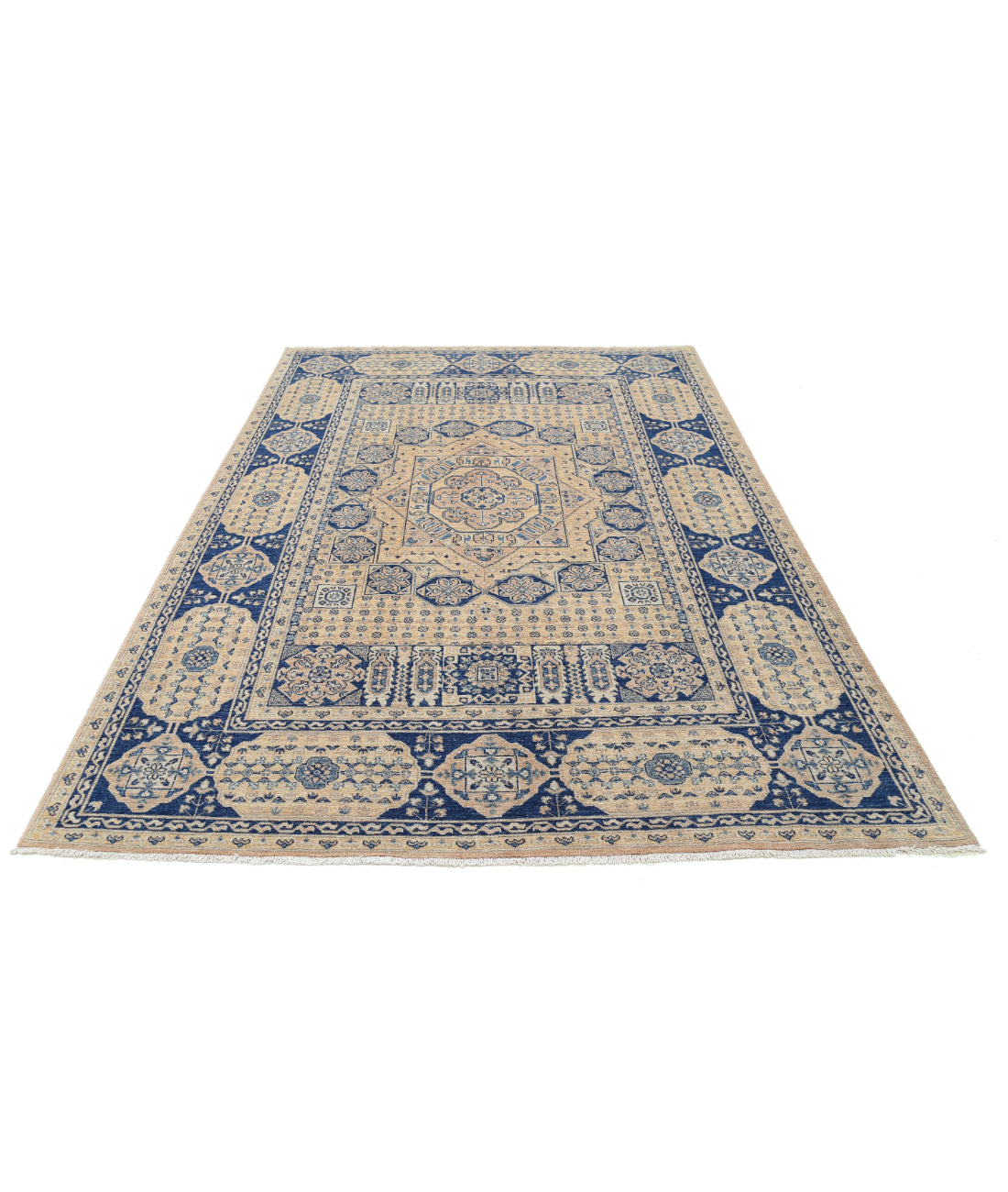 Hand Knotted Mamluk Wool Rug - 6'5'' x 9'4'' 6'5'' x 9'4'' (193 X 280) / Tan / Blue