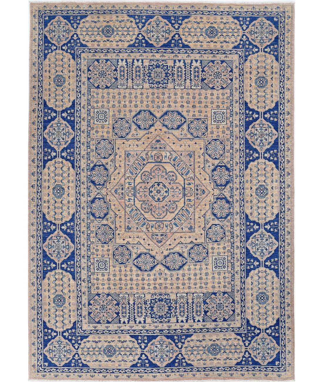 Hand Knotted Mamluk Wool Rug - 6'5'' x 9'4'' 6'5'' x 9'4'' (193 X 280) / Tan / Blue