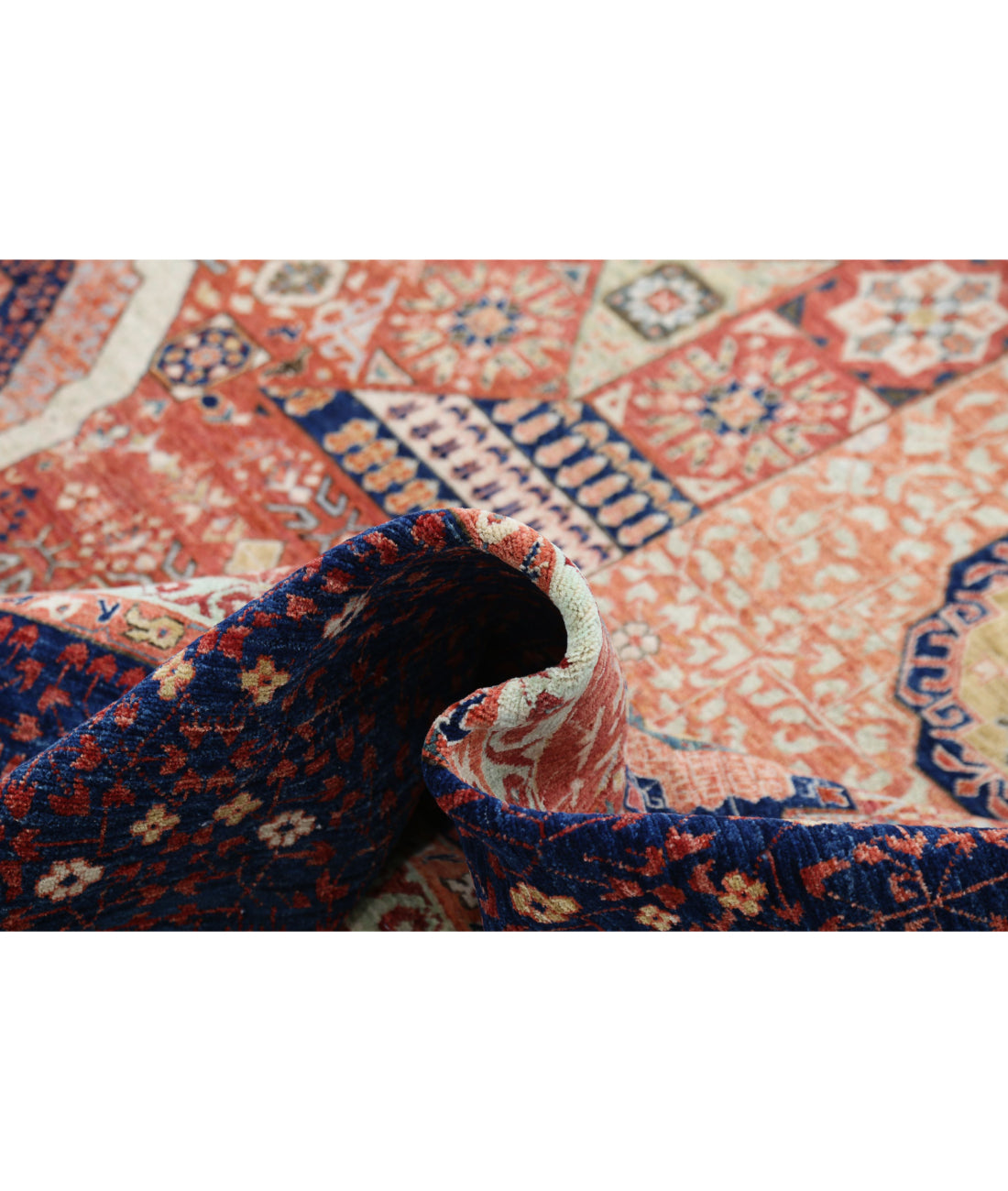 Hand Knotted Fine Mamluk Wool Rug - 11'1'' x 15'7'' 11'1'' x 15'7'' (333 X 468) / Rust / Blue