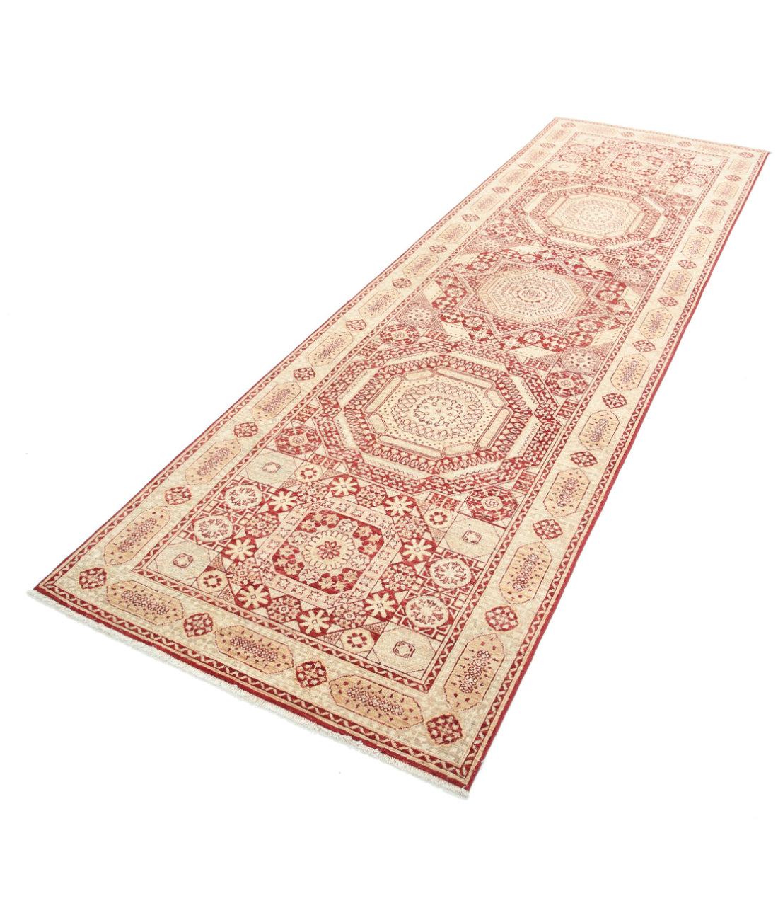 Hand Knotted Fine Mamluk Wool Rug - 3'7'' x 11'3'' 3'7'' x 11'3'' (108 X 338) / Red / Taupe