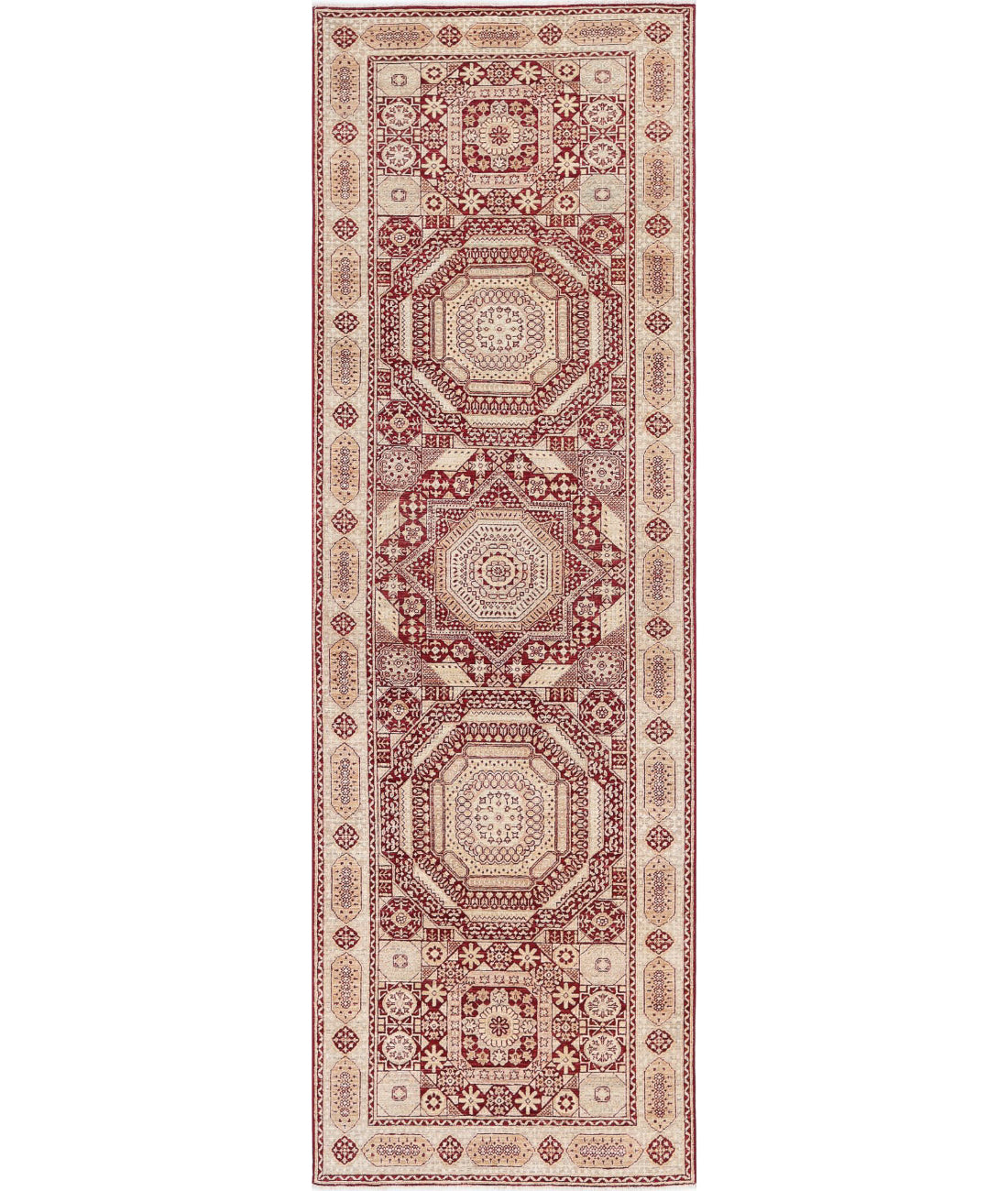 Hand Knotted Fine Mamluk Wool Rug - 3&#39;7&#39;&#39; x 11&#39;3&#39;&#39; 3&#39;7&#39;&#39; x 11&#39;3&#39;&#39; (108 X 338) / Red / Taupe