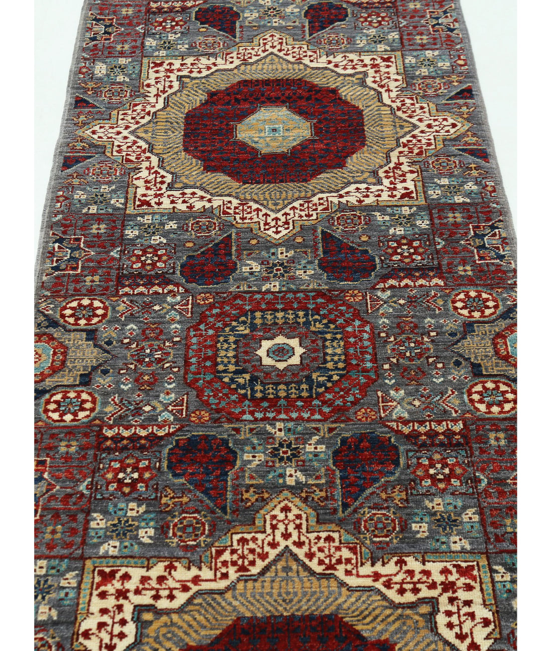Hand Knotted Fine Mamluk Wool Rug - 2'7'' x 9'9'' 2'7'' x 9'9'' (78 X 293) / Grey / Red