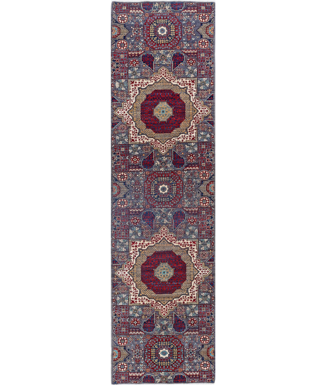 Hand Knotted Fine Mamluk Wool Rug - 2&#39;7&#39;&#39; x 9&#39;9&#39;&#39; 2&#39;7&#39;&#39; x 9&#39;9&#39;&#39; (78 X 293) / Grey / Red