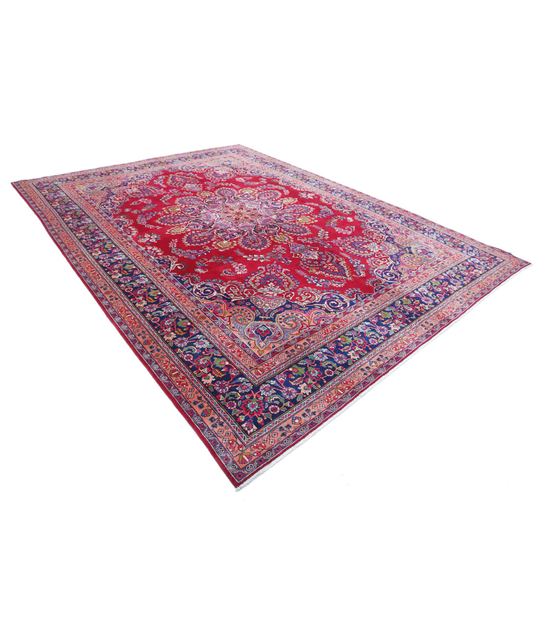 Hand Knotted Persian Mashad Wool Rug - 9'7'' x 12'11'' 9'7'' x 12'11'' (288 X 388) / Red / Blue
