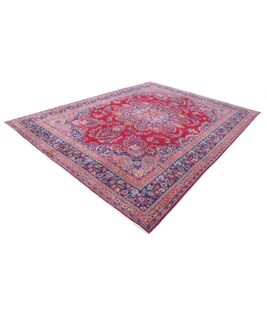 Hand Knotted Persian Mashad Wool Rug - 9'7'' x 12'11'' 9'7'' x 12'11'' (288 X 388) / Red / Blue