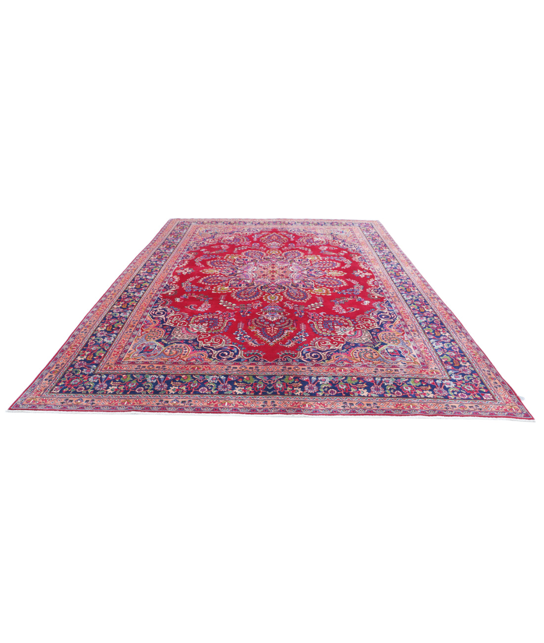 Hand Knotted Persian Mashad Wool Rug - 9'7'' x 12'11'' 9'7'' x 12'11'' (288 X 388) / Red / Blue
