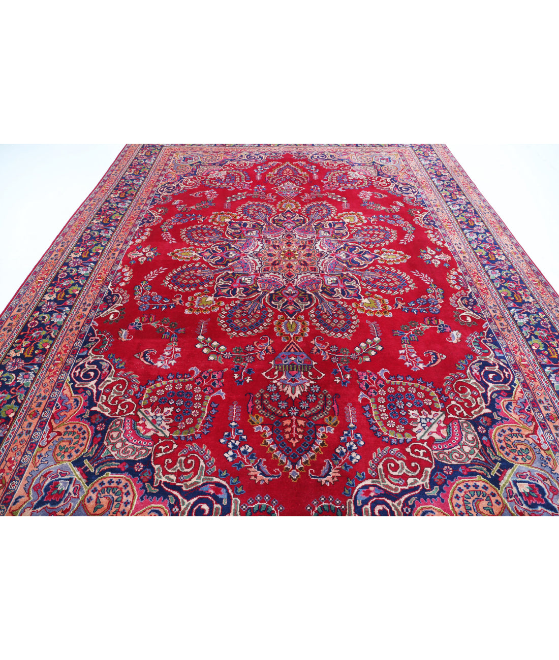 Hand Knotted Persian Mashad Wool Rug - 9'7'' x 12'11'' 9'7'' x 12'11'' (288 X 388) / Red / Blue