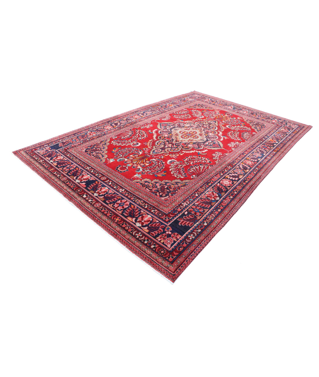 Hand Knotted Persian Mashad Wool Rug - 7'8'' x 11'11'' 7'8'' x 11'11'' (230 X 358) / Red / Blue