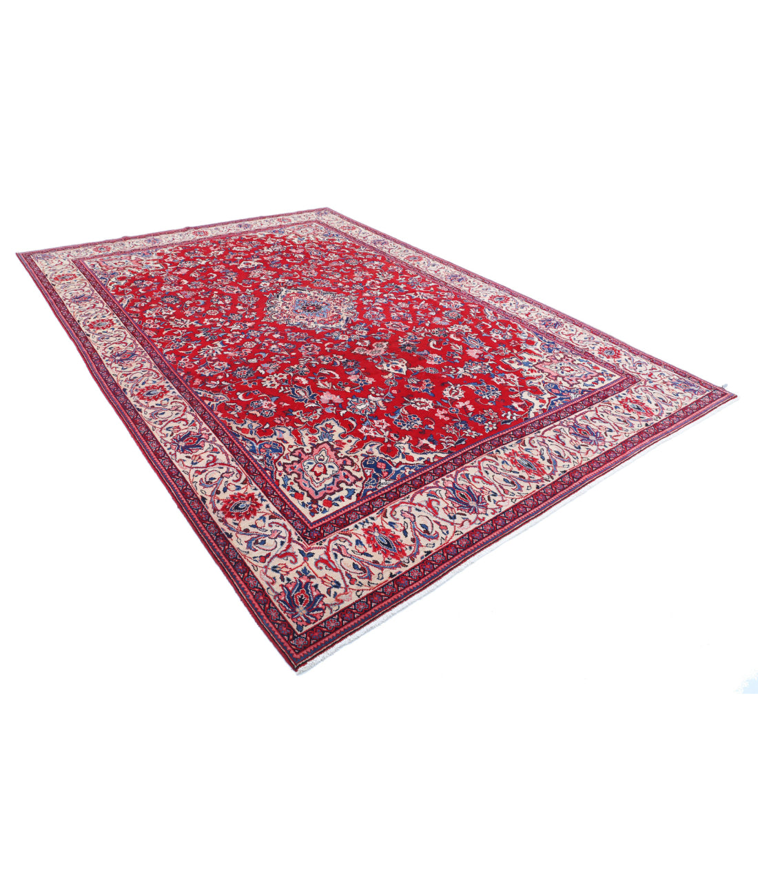 Hand Knotted Persian Mashad Wool Rug - 8'6'' x 12'1'' 8'6'' x 12'1'' (255 X 363) / Red / Ivory