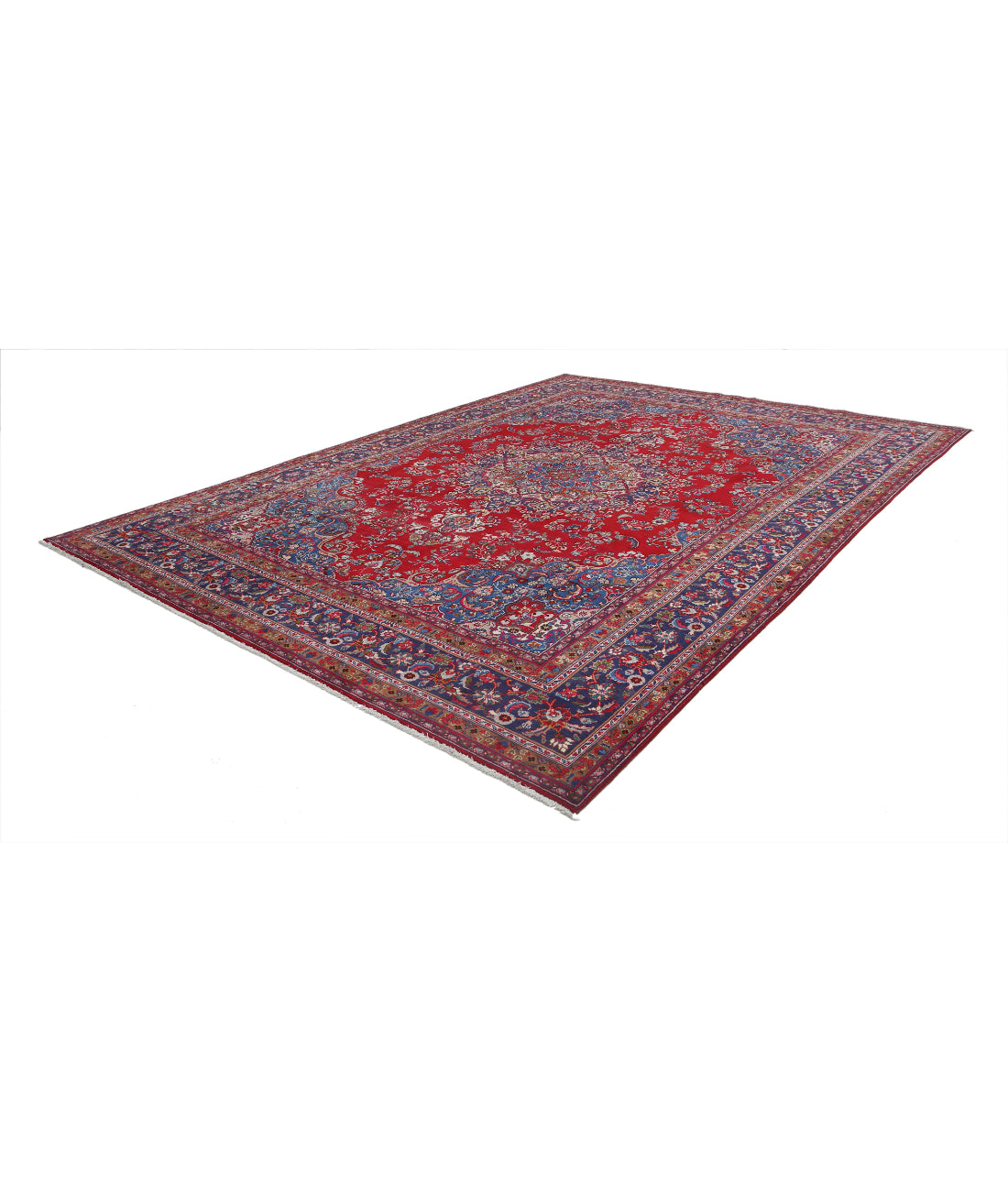 Hand Knotted Persian Mashad Wool Rug - 9'5'' x 13'4'' 9'5'' x 13'4'' (283 X 400) / Red / Blue
