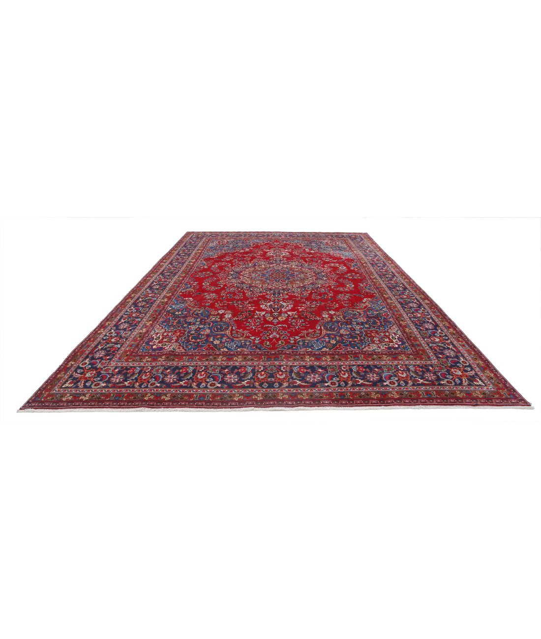 Hand Knotted Persian Mashad Wool Rug - 9'5'' x 13'4'' 9'5'' x 13'4'' (283 X 400) / Red / Blue