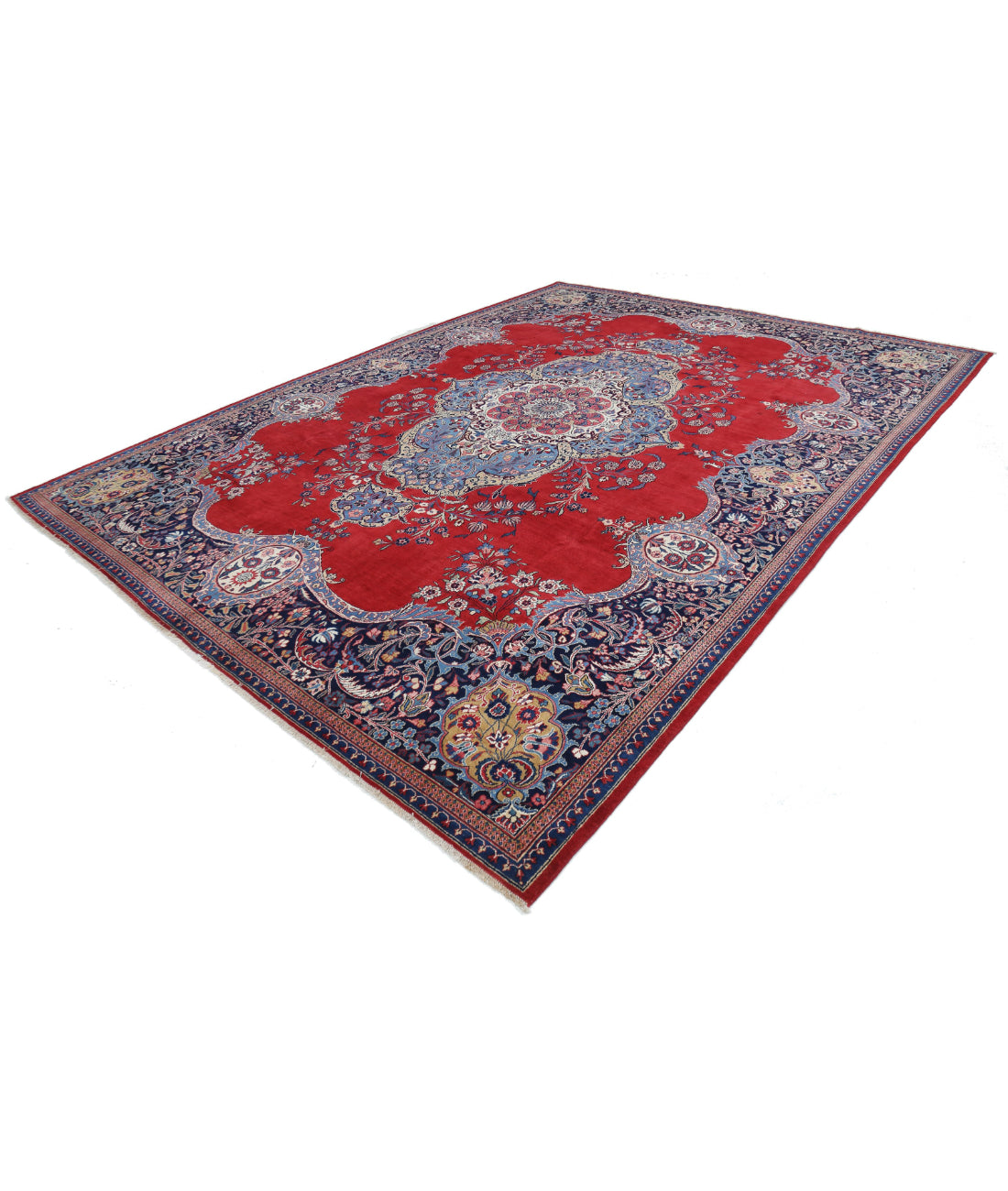 Hand Knotted Persian Mashad Wool Rug - 10'7'' x 13'7'' 10'7'' x 13'7'' (318 X 408) / Red / Blue